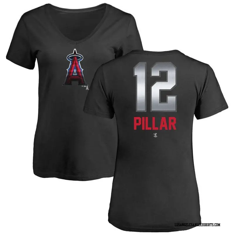 Women's Los Angeles Angels ＃12 Kevin Pillar Black Midnight Mascot V-Neck T-Shirt