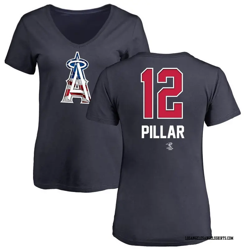 Women's Los Angeles Angels ＃12 Kevin Pillar Navy Name and Number Banner Wave V-Neck T-Shirt