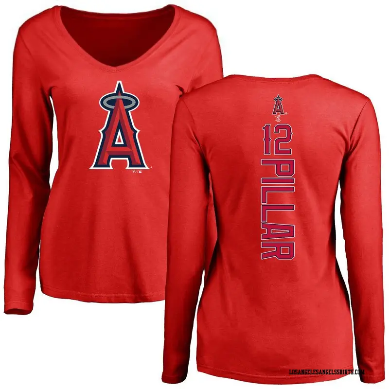 Women's Los Angeles Angels ＃12 Kevin Pillar Red Backer Slim Fit Long Sleeve T-Shirt