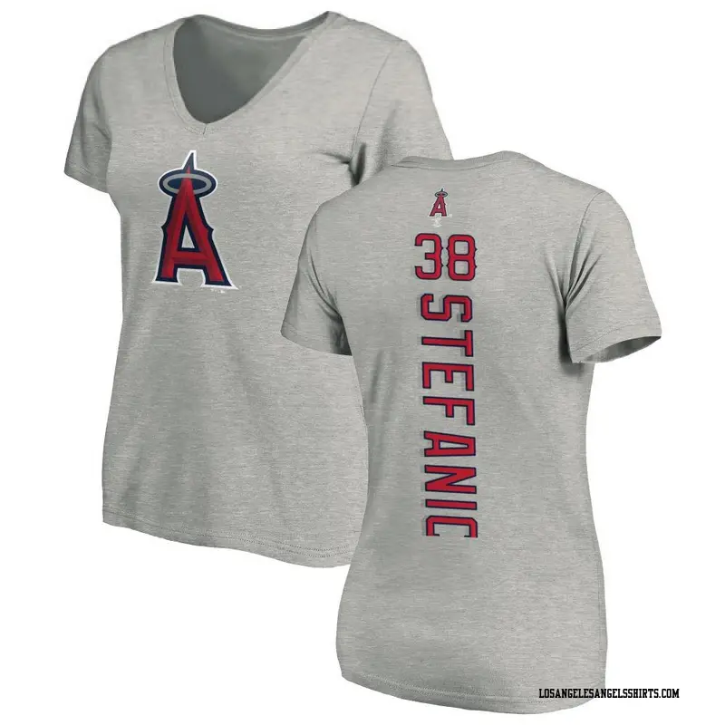 Women's Los Angeles Angels ＃38 Michael Stefanic Ash Backer Slim Fit T-Shirt