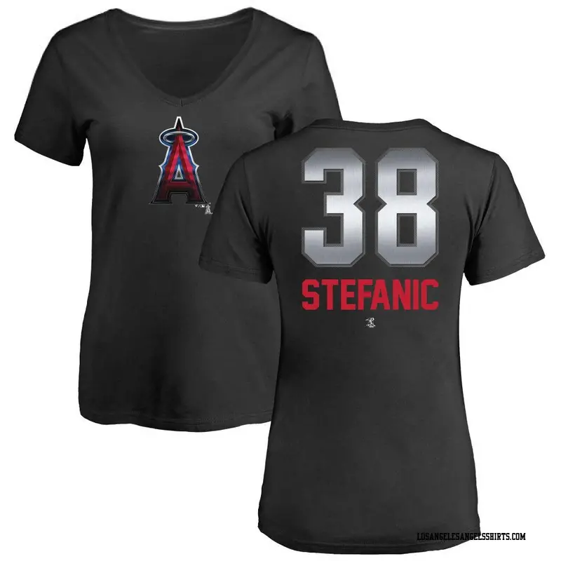 Women's Los Angeles Angels ＃38 Michael Stefanic Black Branded Midnight Mascot V-Neck T-Shirt