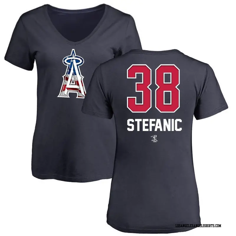 Women's Los Angeles Angels ＃38 Michael Stefanic Navy Branded Name and Number Banner Wave V-Neck T-Shirt