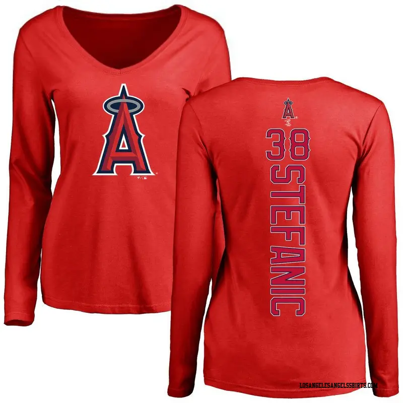 Women's Los Angeles Angels ＃38 Michael Stefanic Red Backer Slim Fit Long Sleeve T-Shirt